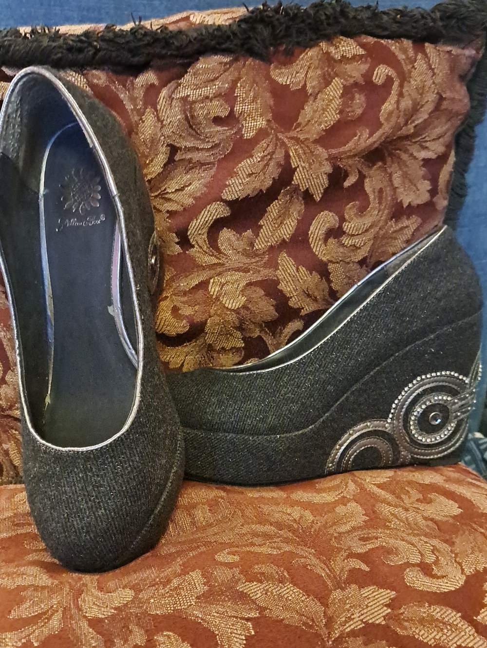 Yellow Box Dark Gray Wedge Slip-Ons with Decorative Circles